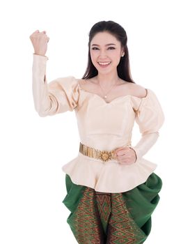happy beautiful woman in Thai traditional dress isolated on white background