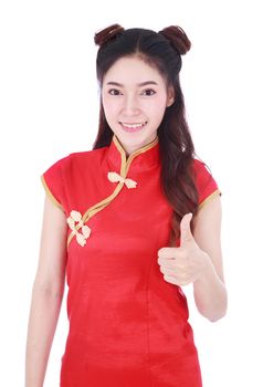 beautiful woman wear red cheongsam and thumb up in concept of happy chinese new year isolated on white background