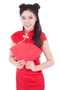 beautiful woman wear cheongsam and holding red envelope in concept of happy chinese new year isolated on white background