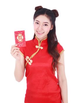 beautiful woman wear cheongsam and holding red envelope in concept of happy chinese new year isolated on white background