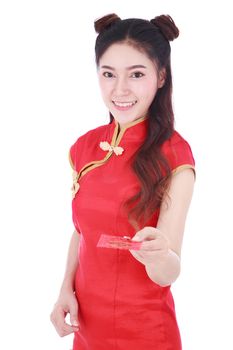 beautiful woman wearing cheongsam or qipao giving red envelopes in concept of happy chinese new year isolated on white background