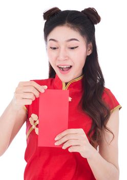 beautiful woman wear cheongsam and holding red envelope in concept of happy chinese new year isolated on white background
