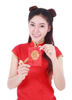 beautiful woman wear cheongsam and holding red envelope in concept of happy chinese new year isolated on white background