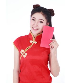 beautiful woman wear cheongsam and holding red envelope in concept of happy chinese new year isolated on white background