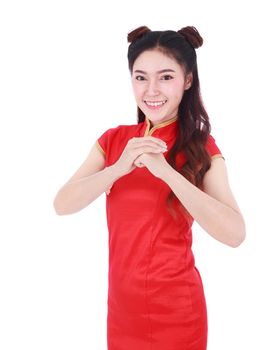 beautiful woman wear red cheongsam with gesture of congratulation in concept of happy chinese new year isolated on white background