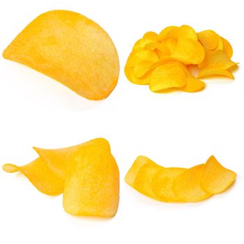 Set of potato chips close-up on an isolated white background