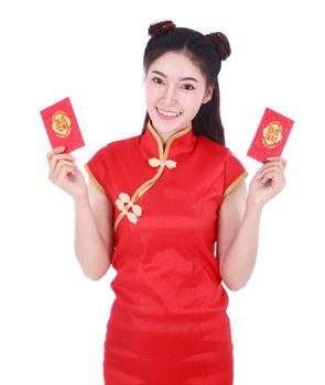 beautiful woman wear cheongsam and holding red envelope in concept of happy chinese new year isolated on white background