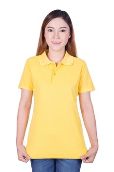 happy woman in yellow polo shirt isolated on white background