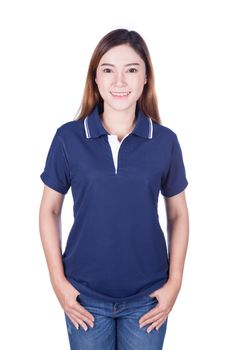 happy woman in blue polo shirt isolated on white background