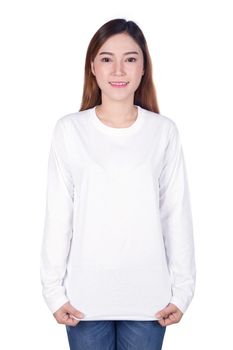 happy woman in white long sleeve t-shirt isolated on a white background