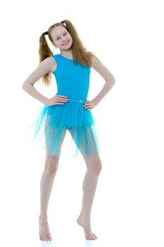 A gymnast girl prepares for the exercise. The concept of childhood and sport, a healthy lifestyle. Isolated on white background.