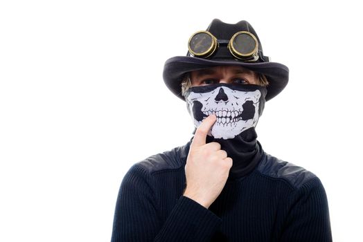 Portrait of a steampunk man in the hat and mask skeleton on white background.