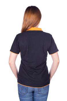 woman in black polo shirt isolated on a white background (back side)