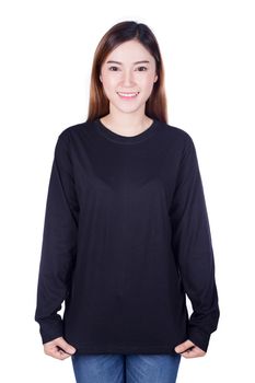 happy woman in black long sleeve t-shirt isolated on a white background