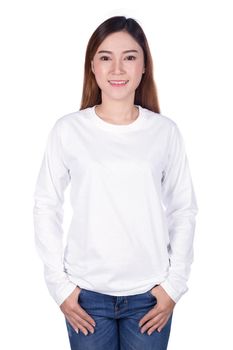 happy woman in white long sleeve t-shirt isolated on a white background
