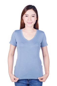 happy woman in blue t-shirt isolated on a white background