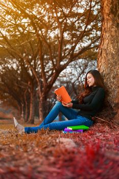 young woman reading a book in the park