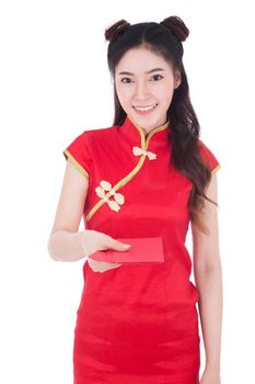 beautiful woman wearing cheongsam or qipao giving red envelopes in concept of happy chinese new year isolated on white background