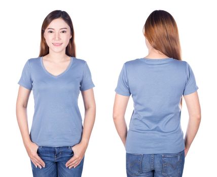 woman in blue t-shirt isolated on a white background