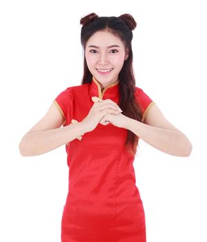 beautiful woman wear red cheongsam with gesture of congratulation in concept of happy chinese new year isolated on white background