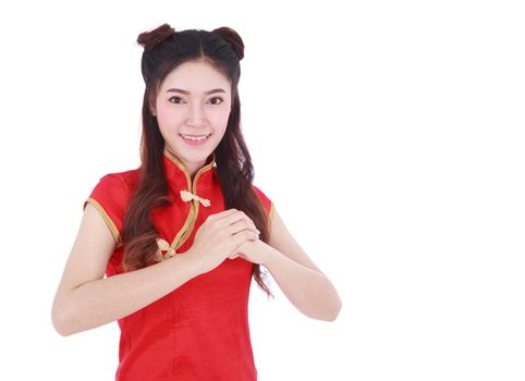 beautiful woman wear red cheongsam with gesture of congratulation in concept of happy chinese new year isolated on white background