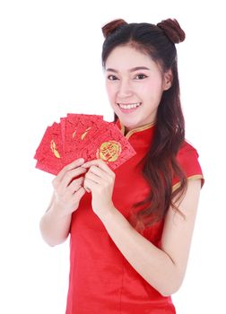 beautiful woman wear cheongsam and holding red envelope in concept of happy chinese new year isolated on white background