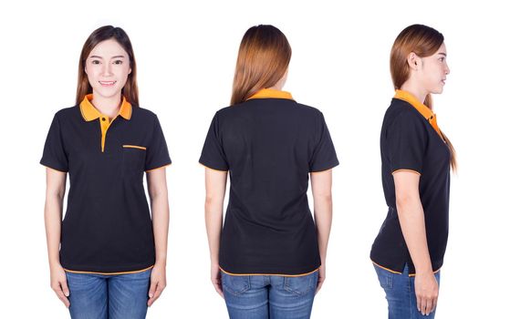 woman in black polo shirt isolated on a white background