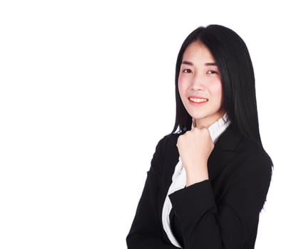 young business woman cheering with her arms raised isolated on white background