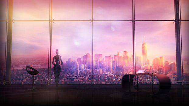 Sci-fi scene with android standing in front of a panoramic window overlooking the cityscape. 3D render.