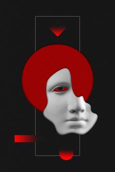 Antique sculpture of woman face surreal collage in pop art style. Modern image with cut details of statue head. Red eyes. Dark concept.Contemporary art poster. Funky retro minimalism. Zine culture.