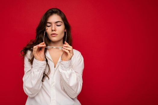 Photo of nice attractive lovely cute winsome sad upset sorrowful brown-haired woman wearing casual outfit isolated on colorful background with empty space.