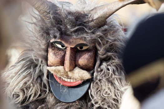  Close up of traditional hungarian mask at Busojaras carnival festival in Mohacs
