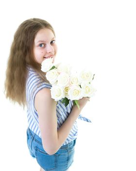 Little girl with a beautiful bouquet of flowers. The concept of holidays, family and children. Isolated on white background.