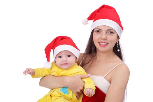 pretty young Snow Maiden with her cute little Christmas baby