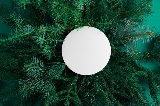 Christmas green background. Pine branches, needles and Christmas trees. View from above. Round frame with place for text. Christmas nature background. December mood concept. Copy space.
