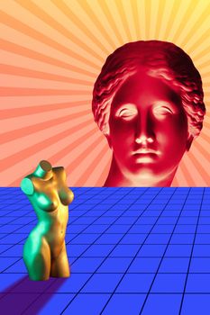 Modern conceptual art poster with Venus statue head and female torso mannequin. Contemporary art collage.