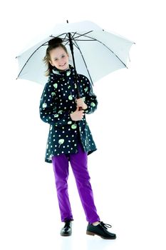 Beautiful little girl with umbrella. Concept of weather, climate change. Isolated on white background