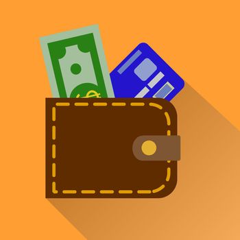 Wallet icon with card and cash in color isolated on orange background . Money case cash shopping. Illustration