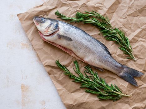 Mediterranean seafood concept. One fresh seabass fish with rosemary on craft paper on white background, top view with copy space.