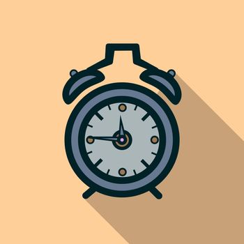 Alarm clock icon with long shadow. Flat design style. Clock silhouette. Simple icon. Modern flat icon in stylish colors.