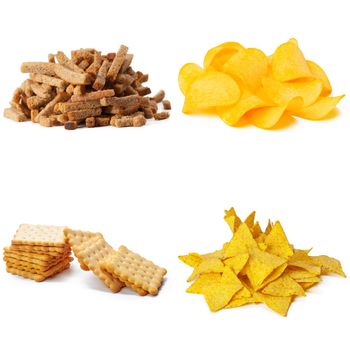 Salty snacks. Pretzels, chips, crackers collage