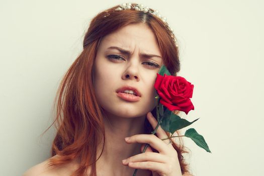 attractive woman with rose flower makeup romance model. High quality photo