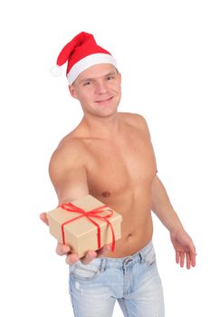 handsome young guy wearing Santa Claus cap, isolated on white