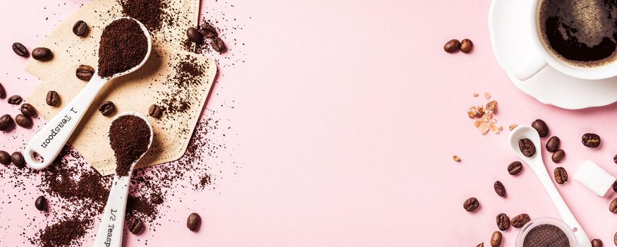 Food background with assorted coffee, coffee beans, ground and capsules, copy space, top view. Banner.