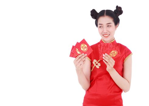 beautiful woman wear cheongsam and holding red envelope in concept of happy chinese new year isolated on white background