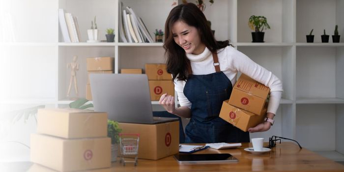 Business owner excite when got an order from her online shop. Successful SME entrepreneur concept