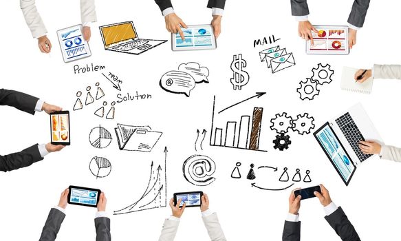 Group of people with devices in hands working together as symbol of networking and communication