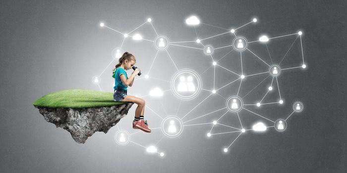 Cute smiling girl on floating island presenting social connection concept