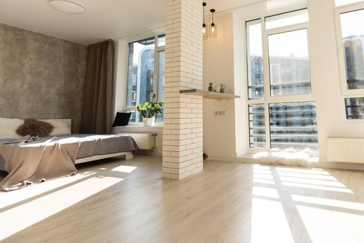 Interior of white and gray cozy bedroom