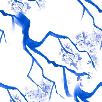 Illustrations Sakura. Blossom Flower. Blue Modern Asian Textile. Seamless Wedding Wallpaper. Watercolour Illustrations Sakura. White Floral Card. Cherry Background. Illustrations Sakura.